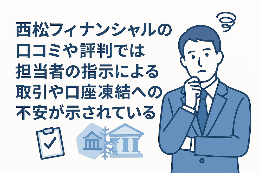 西松フィナンシャルの口コミや評判では担当者の指示による取引や口座凍結への不安が示されている