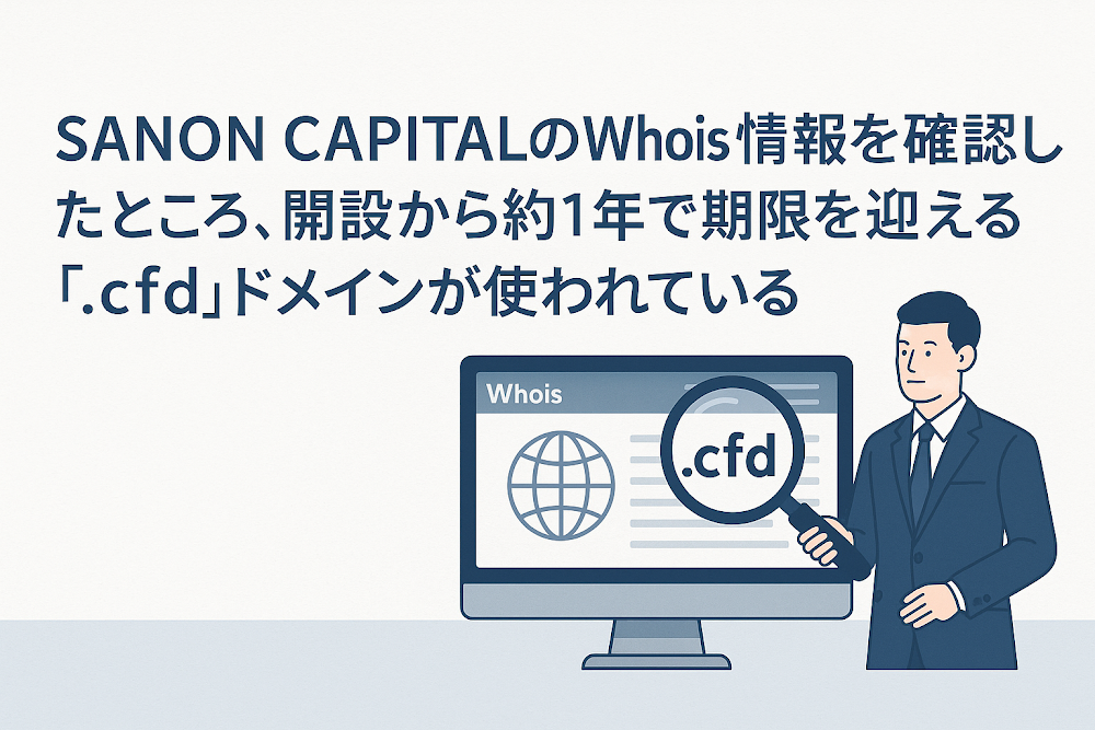 SANON CAPITAL（sanoncapital.cfd）のWhois情報を確認したところ、開設から約1年で期限を迎える「.cfd」ドメインが使われている