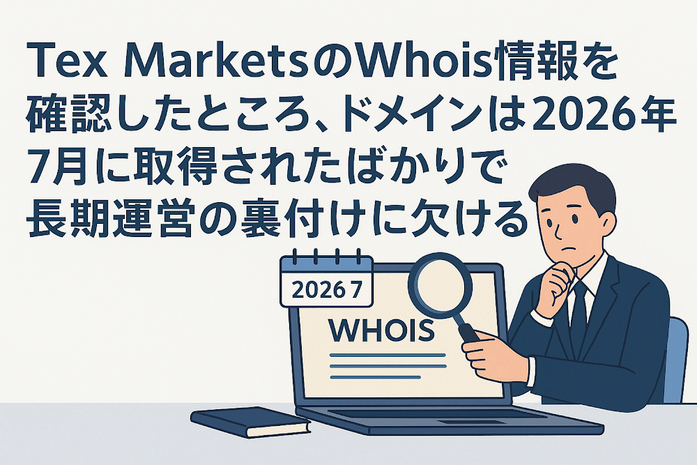 Tex MarketsのWhois情報を確認したところ、ドメインは2026年7月に取得されたばかりで長期運営の裏付けに欠ける