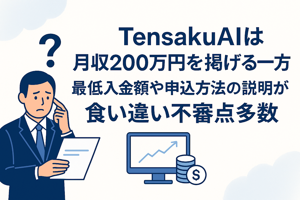 TensakuAIは月収200万円を掲げる一方で最低入金額や申込方法の説明が食い違い不審点多数