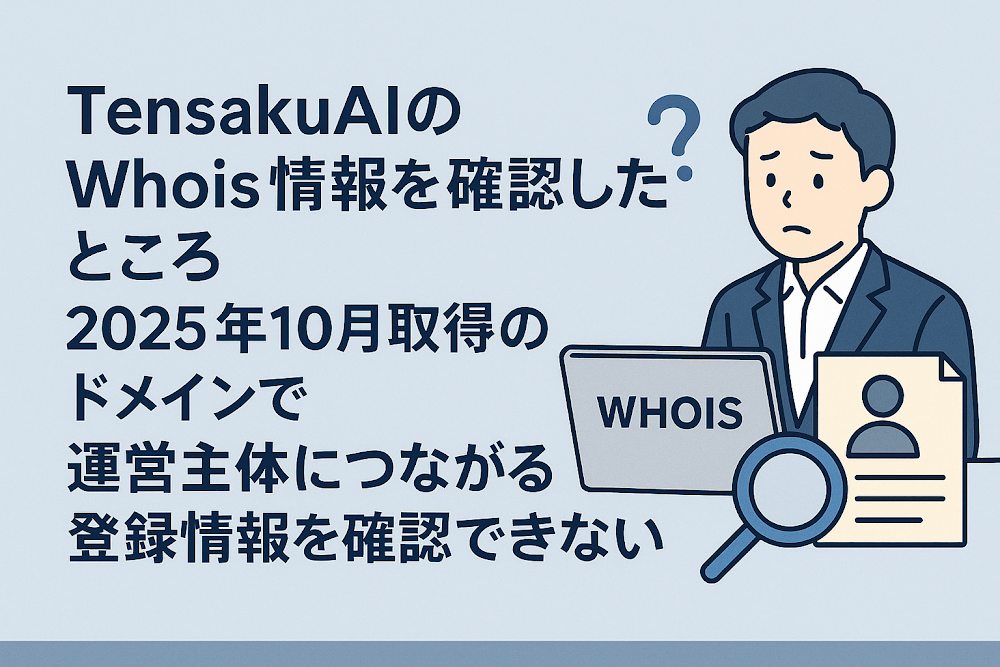 TensakuAIのWhois情報を確認したところ、2025年10月取得のドメインで運営主体につながる登録情報を確認できない