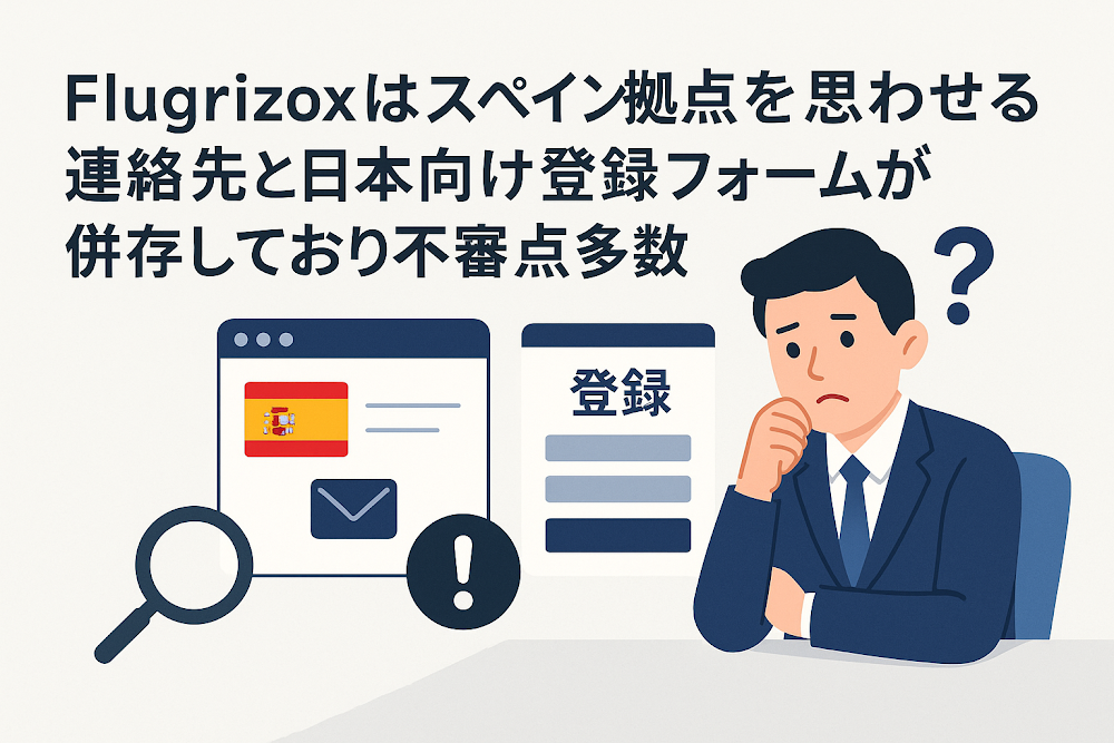 Flugrizoxはスペイン拠点を思わせる連絡先と日本向け登録フォームが併存しており不審点多数
