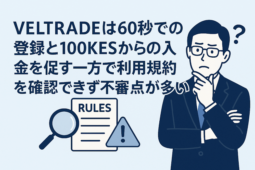 VELTRADEは60秒での登録と100 KESからの入金を促す一方で利用規約を確認できず不審点が多い