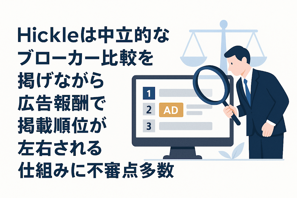 Hiickleは中立的なブローカー比較を掲げながら広告報酬で掲載順位が左右される仕組みに不審点多数