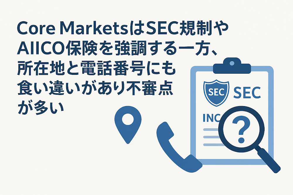 Core MarketsはSEC規制やAIICO保険を強調する一方、所在地と電話番号にも食い違いがあり不審点が多い