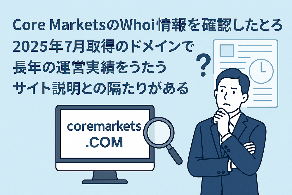 Core MarketsのWhois情報を確認したところ、2025年7月取得のドメインで長年の運営実績をうたうサイト説明との隔たりがある