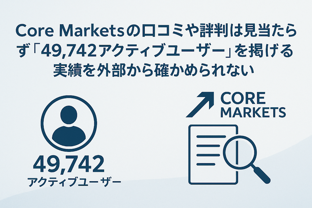 Core Marketsの口コミや評判は見当たらず「49,742アクティブユーザー」を掲げる実績を外部から確かめられない
