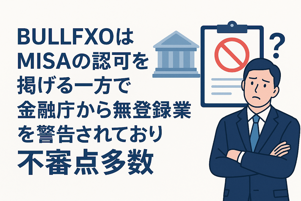 BULLFXOはMISAの認可を掲げる一方で金融庁から無登録営業を警告されており不審点多数