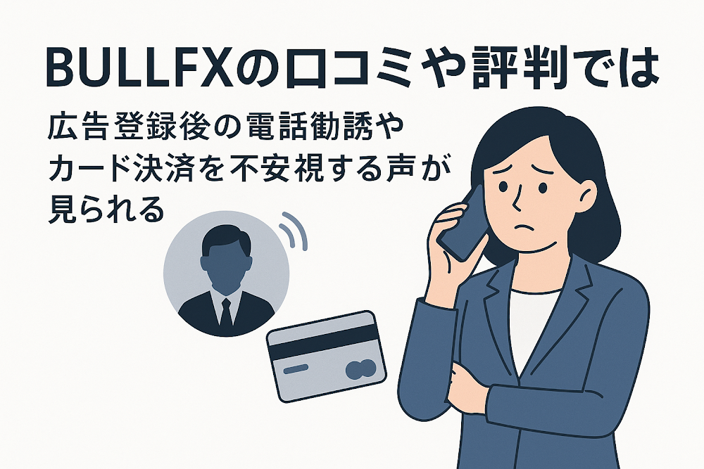 BULLFXOの口コミや評判では広告登録後の電話勧誘やカード決済を不安視する声が見られる