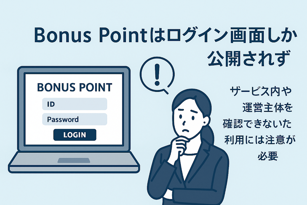 Bonus Pointはログイン画面しか公開されずサービス内容や運営主体を確認できないため利用には注意が必要