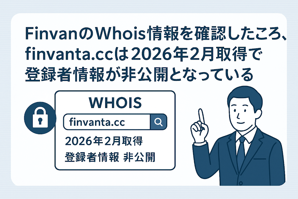 FinvanのWhois情報を確認したところ、finvanta.ccは2026年2月取得で登録者情報が非公開となっている