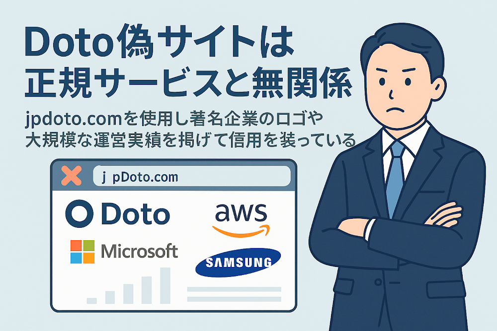 Doto偽サイトは正規サービスと無関係のjpdoto.comを使用し著名企業のロゴや大規模な運営実績を掲げて信用を装っている