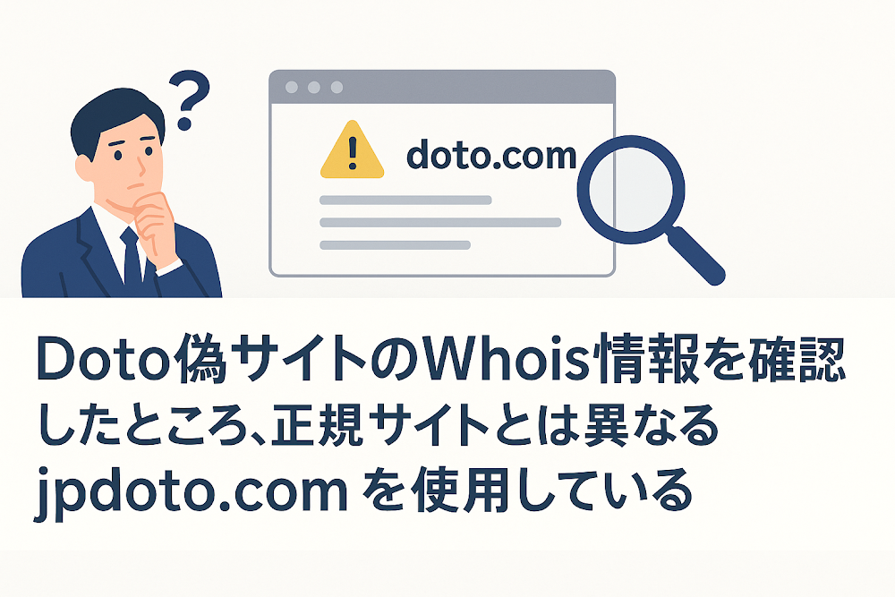 Doto偽サイトのWhois情報を確認したところ、正規サイトとは異なるjpdoto.comを使用している