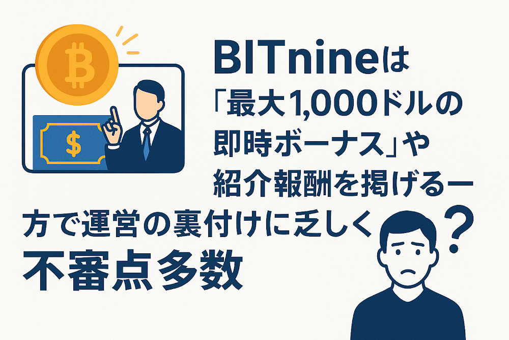 BITnineは「最大1,000ドルの即時ボーナス」や紹介報酬を掲げる一方で運営の裏付けに乏しく不審点多数