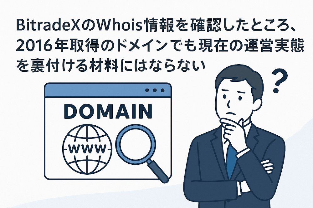 BitradeXのWhois情報を確認したところ、2016年取得のドメインでも現在の運営実態を裏付ける材料にはならない