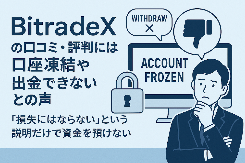 BitradeXの口コミ・評判には口座凍結や出金できないとの声　「損失にはならない」という説明だけで資金を預けない