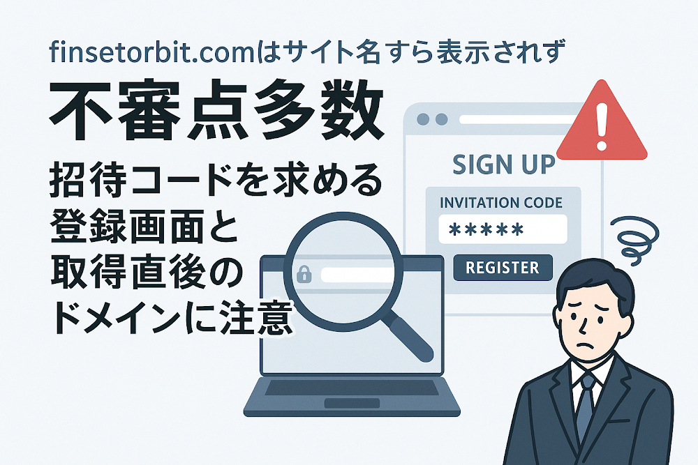 finsetorbit.comはサイト名すら表示されず不審点多数　招待コードを求める登録画面と取得直後のドメインに注意