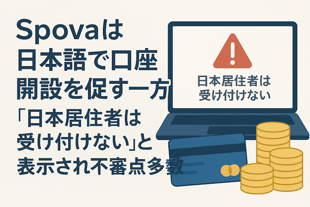 Spovaは日本語で口座開設を促す一方「日本居住者は受け付けない」と表示され不審点多数